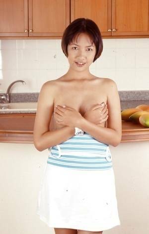 Clothed Asian with tiny tits is posing in the kitchen with spread legs on fangals.org