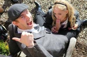 Blonde schoolgirl Loulou licks and sucks a huge dick while outdoors on fangals.org