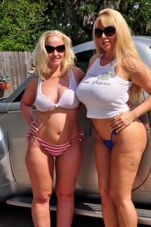 Busty blonde Dee Siren and her big titted girlfriend get fucked in a driveway on fangals.org