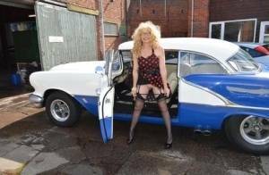 Blond amateur Barby Slut flashes by a vintage auto before sex at home on a bed on fangals.org