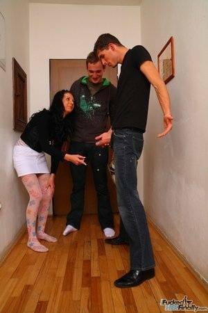 Young Inga cums when she is fucked by two handsome studs with hard instruments on fangals.org